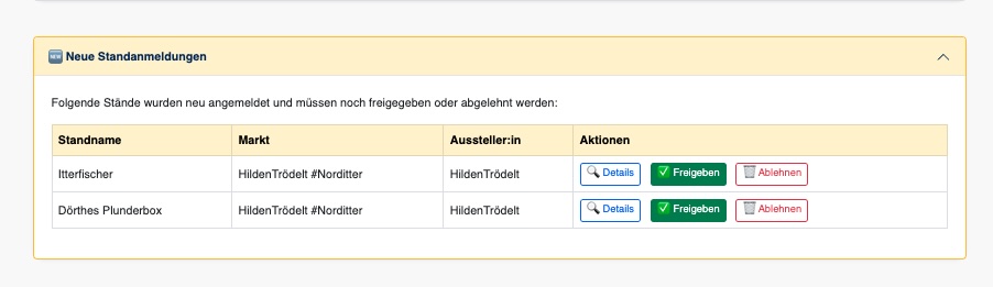 Screenshot Standanmeldungen